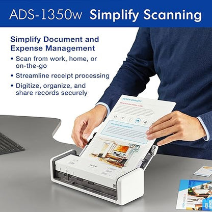 Brother ADS1350W Large Format Sheetfed Scanner - 600 x 600 dpi Optical - 30 ppm (Mono) - 30 ppm (Color) - Color, Monochrome Scan - Duplex Scanning - ID Card, Business Card, Plastic Card - Wireless LAN - Portable - USB