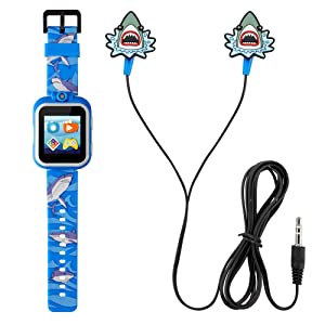 Playzoom Kids Smartwatch &amp; Earbuds Set - Video Camera Selfies STEM Learning Educational Fun Games, MP3 Music Player Audio Books Touch Screen Sports Digital Watch Fun Gift for Kids Toddlers Boys Girls PlayZoom 2 W/Earbuds Blue Shark