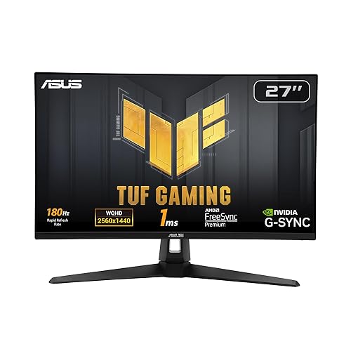 ASUS TUF Gaming 27” 1440P HDR Monitor (VG27AQ3A) – QHD (2560 x 1440), 180Hz, 1ms, Fast IPS, 130% sRGB, Extreme Low Motion Blur Sync, Speakers, Freesync Premium, G-SYNC Compatible, HDMI, DisplayPort