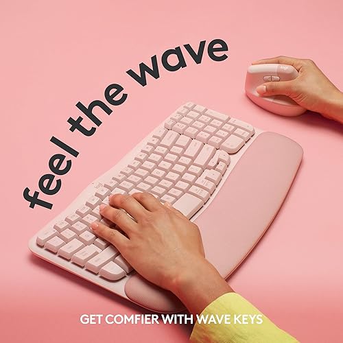 Logitech Wave Keys Wireless Ergonomic Keyboard with Cushioned Palm Rest, Comfortable Natural Typing, Easy-Switch, Bluetooth, Logi Bolt Receiver, for Multi-OS, Windows/Mac - Rose English Keyboard Rose