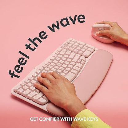 Logitech Wave Keys Wireless Ergonomic Keyboard with Cushioned Palm Rest, Comfortable Natural Typing, Easy-Switch, Bluetooth, Logi Bolt Receiver, for Multi-OS, Windows/Mac - Rose English Keyboard Rose