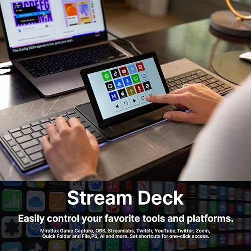 Touchscreen Keyboard with Stream Deck, Split Ergonomic Keyboard+8 Mini Screen Monitor, bluetooth, Macro keys trigger actions in apps and software like OBS, Twitch, YouTube and more, works with Mac/PC