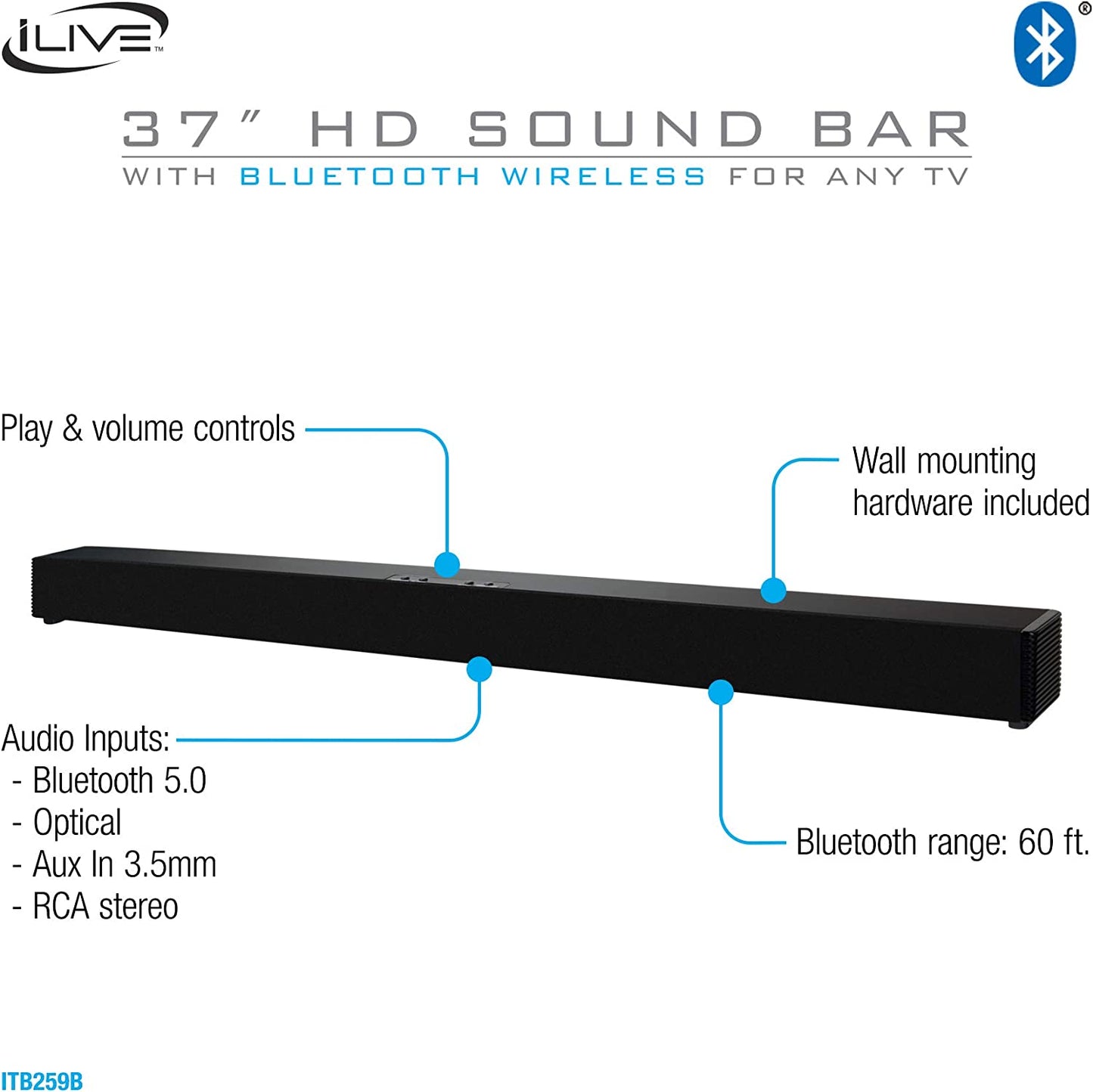 iLive Wall Mountable Sound Bar with Bluetooth, 37 Inches, Black (ITB259B)