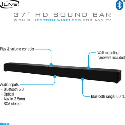 iLive Wall Mountable Sound Bar with Bluetooth, 37 Inches, Black (ITB259B)