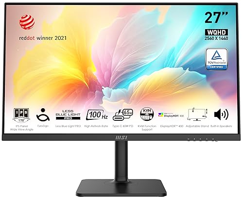 MSI QHD 16:9 Anti-Glare 5ms 2560 x 1440 100Hz Refresh Rate USB/DP/HDMI VESA-Mount Supported 27” Tilt/Swivel/Height Adjustable White IPS Monitor (Modern MD272QXP)