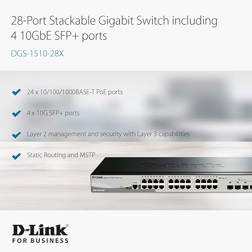 D-LINK SmartPro 24-Port Gigabit Switch with 4 10G SFP+ (DGS-1510-28X) 28 Port, 4 SFP+