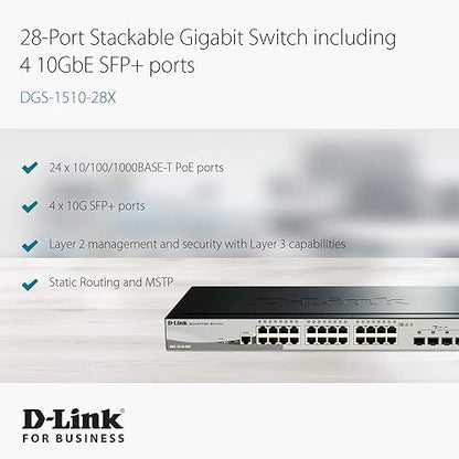 D-LINK SmartPro 24-Port Gigabit Switch with 4 10G SFP+ (DGS-1510-28X) 28 Port, 4 SFP+