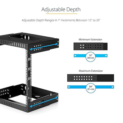StarTech.com 2-Post 12U Heavy-Duty Wall Mount Network Rack, 19 Open Frame Server Rack with Adjustable Depth, Wall Mount Data Rack for IT / AV / Patch Panel / Computer Equipment (RK12WALLOA)