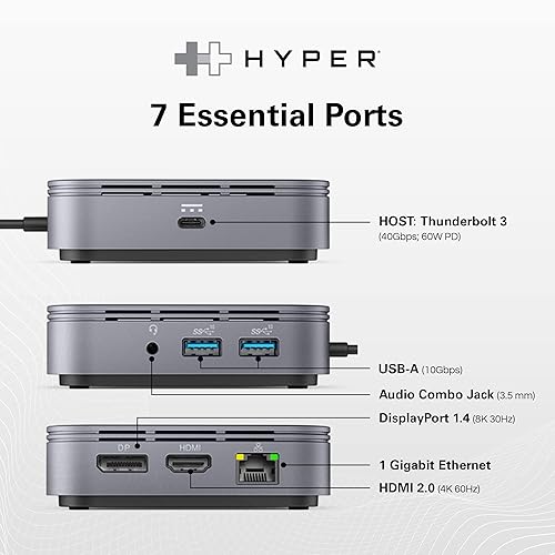 Hyper HyperDrive Thunderbolt 3 Mobile Dock - for Notebook, Monitor - Thunderbolt 3 - 2 Displays Supported - 4K, 8K - 3840 x 2160, 7680 x 4320 - 2 x USB Type-A Ports - USB Type-A - 1 x USB Type-C Ports - USB Type-C - 1 x RJ-45 Ports - Network (RJ-45)