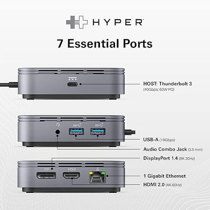 Hyper HyperDrive Thunderbolt 3 Mobile Dock - for Notebook, Monitor - Thunderbolt 3 - 2 Displays Supported - 4K, 8K - 3840 x 2160, 7680 x 4320 - 2 x USB Type-A Ports - USB Type-A - 1 x USB Type-C Ports - USB Type-C - 1 x RJ-45 Ports - Network (RJ-45)