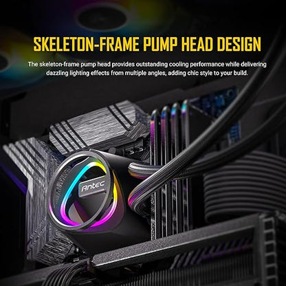 Antec Skeleton 360 ARGB Liquid CPU Cooler, 360mm Radiator, 3 x 120mm PWM ARGB Fans, Hydraulic Bearing, Copper Base, Intel LGA 115X/1200/1700/20XX, AMD AM4/AM5, Black