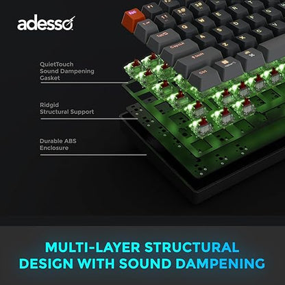 Adesso EasyTouch 1200 Wired/Wireless/Bluetooth Mechanical Keyboard, RGB Illuminated, Multi-OS, QMK/VIA Customizable, Hot Swappable, Red Switch, Copilot AI Hotkey, USB-C, 4000mAh Battery