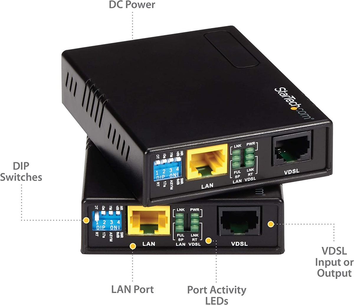 StarTech.com 10/100 Mbps VDSL2 Ethernet Extender Over RJ11 Phone Line Kit - 1km Network Extender - Long Range VDSL Ethernet Extender Over Copper (110VDSLEXT) 0.9"x2.8"x3.7" RJ45