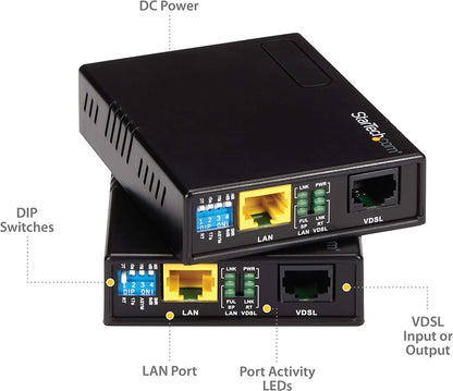 StarTech.com 10/100 Mbps VDSL2 Ethernet Extender Over RJ11 Phone Line Kit - 1km Network Extender - Long Range VDSL Ethernet Extender Over Copper (110VDSLEXT) 0.9"x2.8"x3.7" RJ45