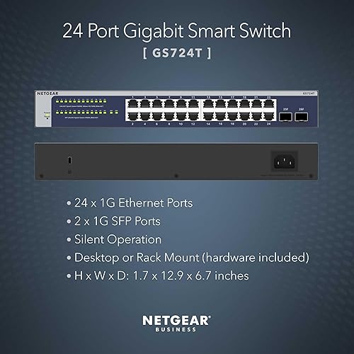 NETGEAR 24-Port Gigabit Ethernet Smart Switch (GS724T) - Managed, Optional 1 Year Insight Cloud Management, with 2 x 1G SFP, Desktop or Rackmount, and Limited Lifetime Protection