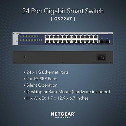 NETGEAR 24-Port Gigabit Ethernet Smart Switch (GS724T) - Managed, Optional 1 Year Insight Cloud Management, with 2 x 1G SFP, Desktop or Rackmount, and Limited Lifetime Protection