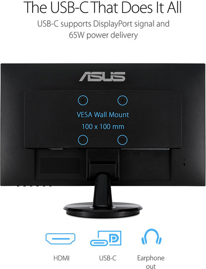 ASUS 27” 1080P Monitor (VA27DCP) - Full HD, IPS, 75Hz, USB-C 65W Power Delivery, Speakers, Adaptive-Sync/FreeSync, Eye Care, Low Blue Light, Flicker Free, VESA Mountable, Frameless, HDMI 27" IPS FHD USB-C Power Delivery