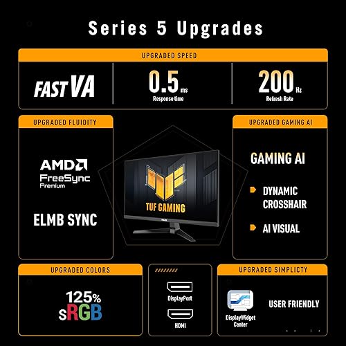 ASUS TUF Gaming Series 5 24.5” 1080P Monitor (VG257Q5A) - Full HD, 200Hz, Extreme Low Motion Blur Sync, FreeSync Premium, 0.5ms, Speaker, DisplayWidget, Gaming AI, 3 yr Warranty