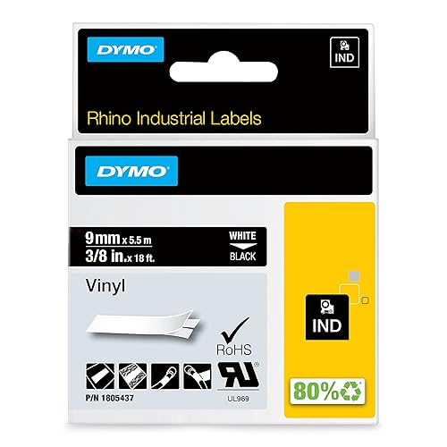 DYMO Rhino Industrial Vinyl Labels, 3/8", White Print on Black, Self-Adhesive, for LabelManager & Rhino Label Makers