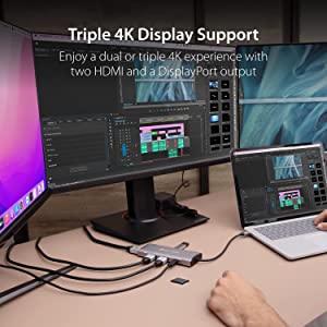 Jcreate j5create USB C 4K Triple Display Hub - 4K HDMI x2, 4K DP, 2 USB-A and USB-C 10Gbps, PD 100W, Ethernet, SD 4.0 Card Reader | for XPS, Surface Pro (JCD397)