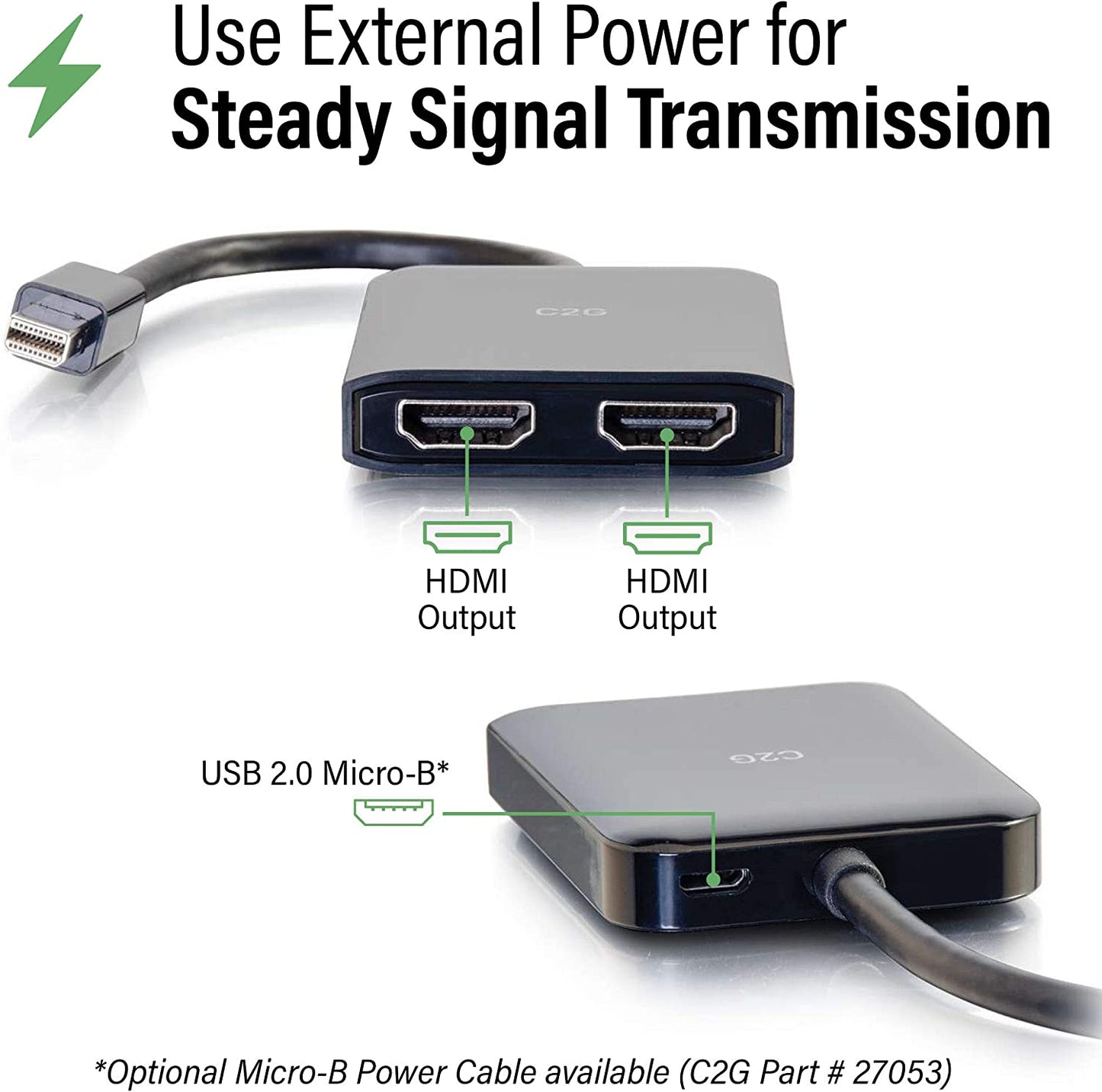 C2g/ cables to go C2G Mini Display Port to HDMI Monitor Splitter, 4K, 2 Port, USB Powered, MST, Not Compatible with Mac OS, Cables to Go 54292, Black Mini DisplayPort Dual HDMI Hub Black