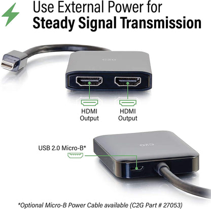 C2g/ cables to go C2G Mini Display Port to HDMI Monitor Splitter, 4K, 2 Port, USB Powered, MST, Not Compatible with Mac OS, Cables to Go 54292, Black Mini DisplayPort Dual HDMI Hub Black