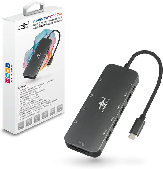 Vantec Link USB C Multi-Function Hub with 2xHDMI 4K, VGA, Gigabit, SD, MicroSD, 2xUSB 3.1, 2xUSB 2.0, PD 100W, USB C (CB-CU302MDSH)