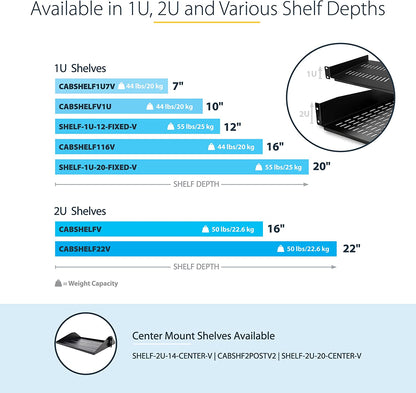 StarTech.com 2U Server Rack Shelf - Universal Vented Rack Mount Cantilever Tray for 19" Network Equipment Rack &amp; Cabinet - Heavy Duty Steel - Weight Capacity 50lb/23kg - 22" Deep Shelf (CABSHELF22V) 2U 22" Depth Rack Shelf