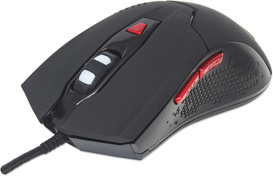 Manhattan Wired Gaming Mouse – 800 / 1200 / 1600 / 2400 Adjustable DPI Resolution – Ergonomic Grip Shape &amp; Color LED Lights - Red / Black, 176071