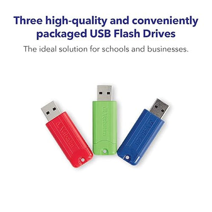 Verbatim 128GB Pinstripe USB 3.2 Gen 1 Flash Drive Retractable Thumb Drive - 3 Pack - Multicolor (Green, Blue, Red)