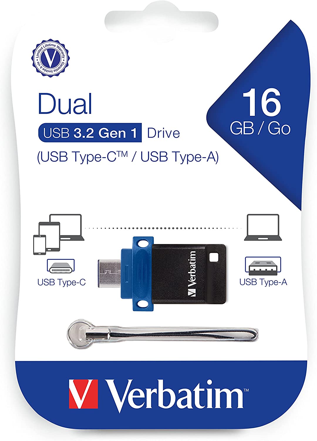 Verbatim Store 'n' Go USB Flash Drive 3.0, Dual USB, USB C and USB A, 16GB, Blue 16 GB