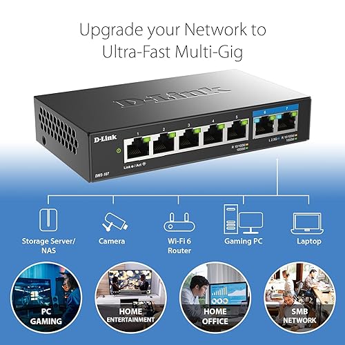 D-Link 7-Port 2.5GB Unmanaged Gaming Switch with 2 x 2.5G, 5 x 10/100/1000 Mbps - Multi-Gig, Network, Fanless, Plug & Play (DMS-107) Black