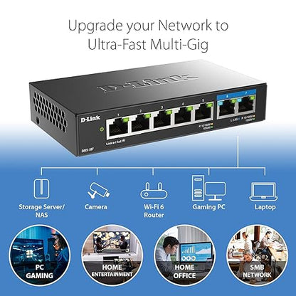 D-Link 7-Port 2.5GB Unmanaged Gaming Switch with 2 x 2.5G, 5 x 10/100/1000 Mbps - Multi-Gig, Network, Fanless, Plug & Play (DMS-107) Black