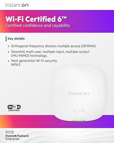 HPE Networking Instant On Access Point AP22 2x2 WiFi 6 Indoor Wireless Access Point | Long Range, Secure, Smart Mesh Support | Power Source Included | US Model (R6M49A) Power Adapter Included
