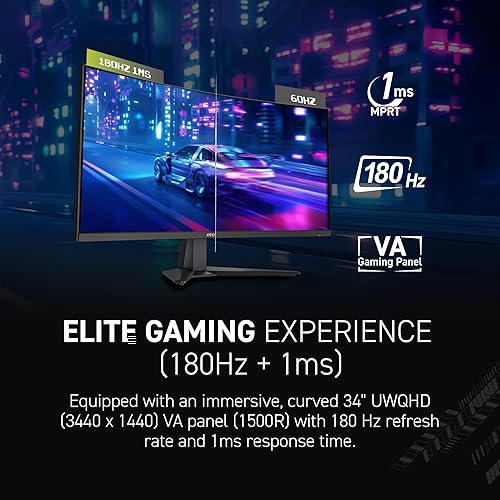 MSI MAG 346CQ 34-inch 3440 x 1440 (UWQHD) Gaming Monitor, 180Hz, Adaptive-Synch, HDMI, DisplayPort, VESA Mountable, Tilt, Height Adjustable, Speaker, 1ms, Black