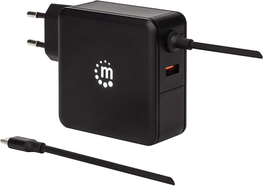 Manhattan Power Delivery Wall Charger with Built-in USB-C Cable – 60 W USB-C Power Delivery Connector (Up to 60 W), USB-A Charging Port (Up to 2.4 A), Black