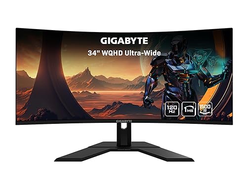 GIGABYTE GS34WQC 34 120Hz 1440P Curved Gaming Monitor, 3440x1440 VA 1500R Display, 1ms (MPRT) Response Time, HDR Ready, FreeSync Premium, 1x Display Port 1.4, 2X HDMI 2.0,Black QHD | 144Hz 1ms | 34 | No Height Adj.