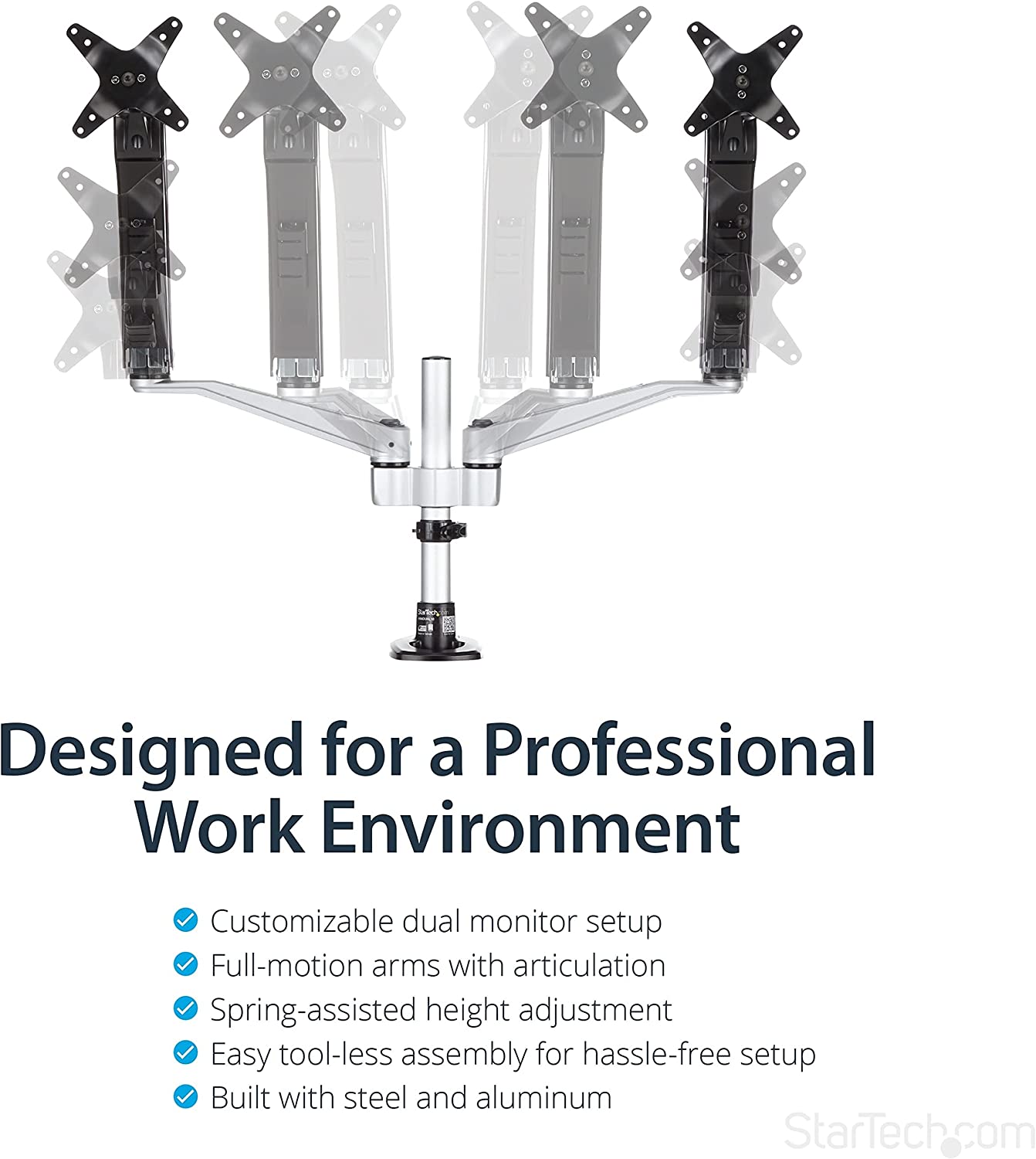 StarTech.com Desk Mount Dual Monitor Arm - Articulating - Supports VESA Monitors 12'' to 30'' - Adjustable - Grommet/Desk Mount - Premium - Silver (ARMDUAL30)