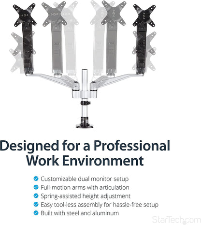 StarTech.com Desk Mount Dual Monitor Arm - Articulating - Supports VESA Monitors 12'' to 30'' - Adjustable - Grommet/Desk Mount - Premium - Silver (ARMDUAL30)