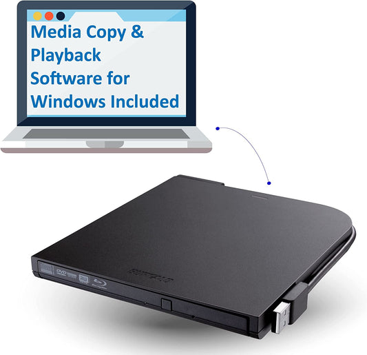 BUFFALO Portable Blu-ray Drive/External, Plays and Burns Blu-Rays, DVDs, and CDs with USB Connection. Compatible with Laptop, Desktop PC and Mac.