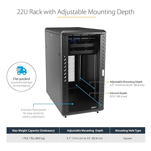 StarTech.com 22U Server Rack Cabinet with Secure Locking Door & com 16 Outlet Horizontal 1U Rack Mount PDU Power Strip for Network Server Racks - Surge Protection - 120V/15A - 6ft Power Cord 22U Cabinet + Power Strip (16 Outlets)