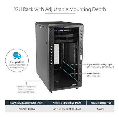 StarTech.com 22U Server Rack Cabinet with Secure Locking Door & com 16 Outlet Horizontal 1U Rack Mount PDU Power Strip for Network Server Racks - Surge Protection - 120V/15A - 6ft Power Cord 22U Cabinet + Power Strip (16 Outlets)