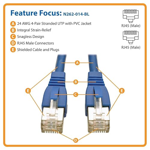 Tripp Lite Augmented Cat6 Cat6a Shielded 10G Patch Cable RJ45 M/M Blue 14' (N262-014-BL)