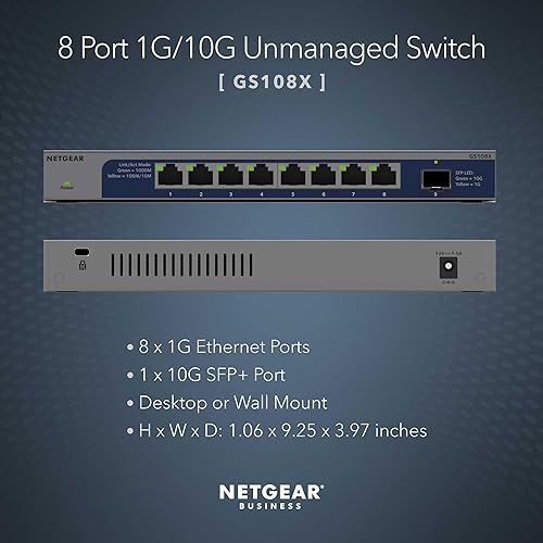 NETGEAR 8-Port 1G/10G Gigabit Ethernet Unmanaged Switch (GS108X) - with 1 x 10G SFP+, Desktop or Rackmount, and Limited Lifetime Protection