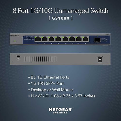 NETGEAR 8-Port 1G/10G Gigabit Ethernet Unmanaged Switch (GS108X) - with 1 x 10G SFP+, Desktop or Rackmount, and Limited Lifetime Protection