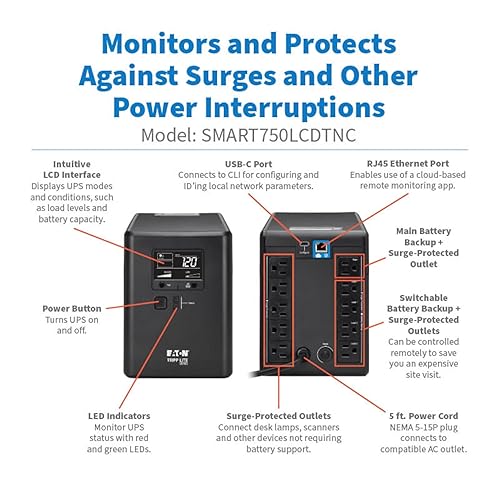 Eaton Tripp Lite Series Cloud-Connected 750VA UPS Battery Backup & Surge Protector, Remote Management & Monitoring, 500W, 10 Outlets, LCD Screen, Computer UPS (SMART750LCDTNC)