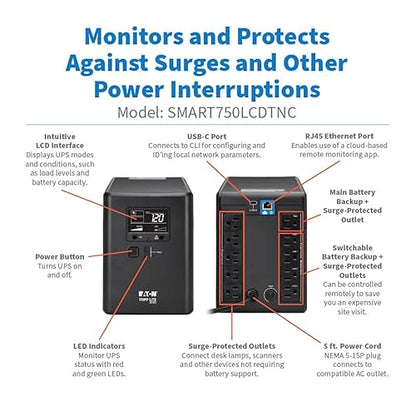 Eaton Tripp Lite Series Cloud-Connected 750VA UPS Battery Backup & Surge Protector, Remote Management & Monitoring, 500W, 10 Outlets, LCD Screen, Computer UPS (SMART750LCDTNC)