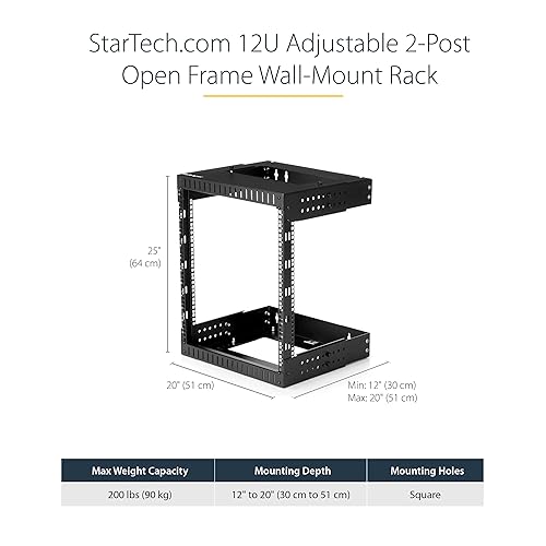 StarTech.com 2-Post 12U Heavy-Duty Wall Mount Network Rack, 19 Open Frame Server Rack with Adjustable Depth, Wall Mount Data Rack for IT / AV / Patch Panel / Computer Equipment (RK12WALLOA)