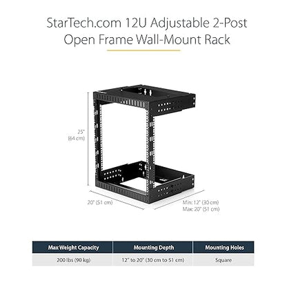 StarTech.com 2-Post 12U Heavy-Duty Wall Mount Network Rack, 19 Open Frame Server Rack with Adjustable Depth, Wall Mount Data Rack for IT / AV / Patch Panel / Computer Equipment (RK12WALLOA)