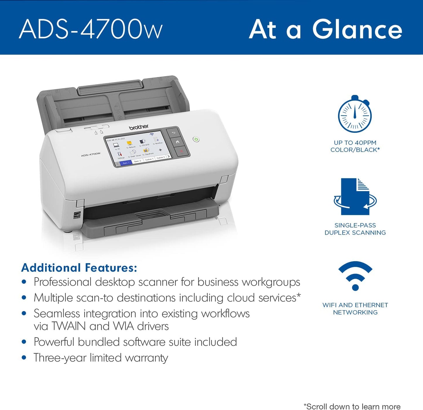 Brother ADS-4700W Professional Desktop Scanner with Fast Scan Speeds, Duplex, Wireless, and Large Touchscreen NEW ADS4700W ADDS 80-ADF